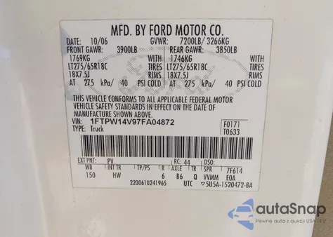 2007 Ford F-150 Fx4/Lariat/Xlt from USA, damaged, VIN 1FTPW14V97FA04872